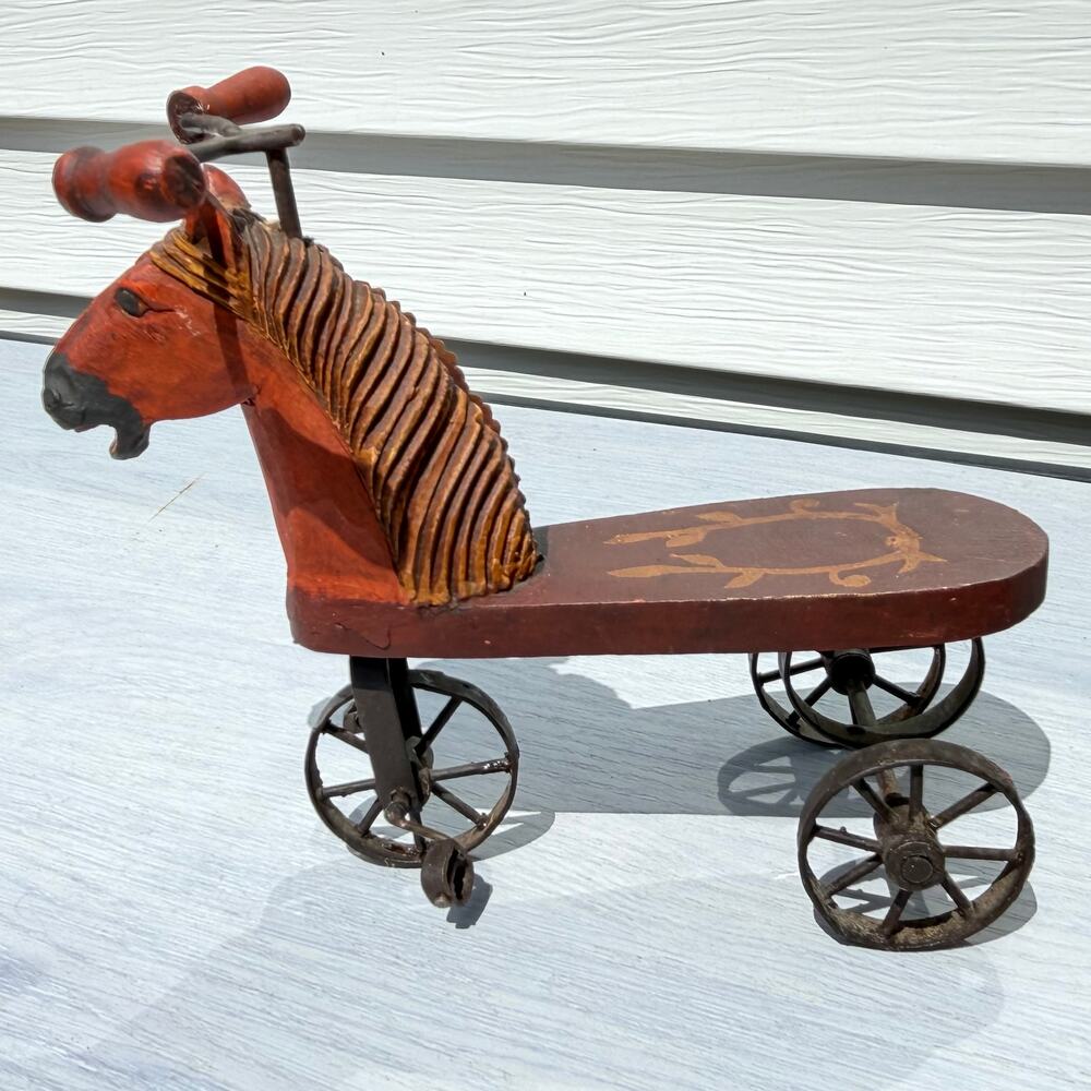 Vintage Folk Art Style Wood Horse Tricycle – Carved Decorative Decor